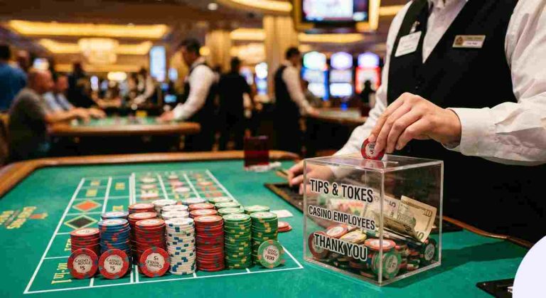 A close-up of a casino dealer's hand placing a red tip chip into a clear plastic toke box on a green felt table with stacks of chips.