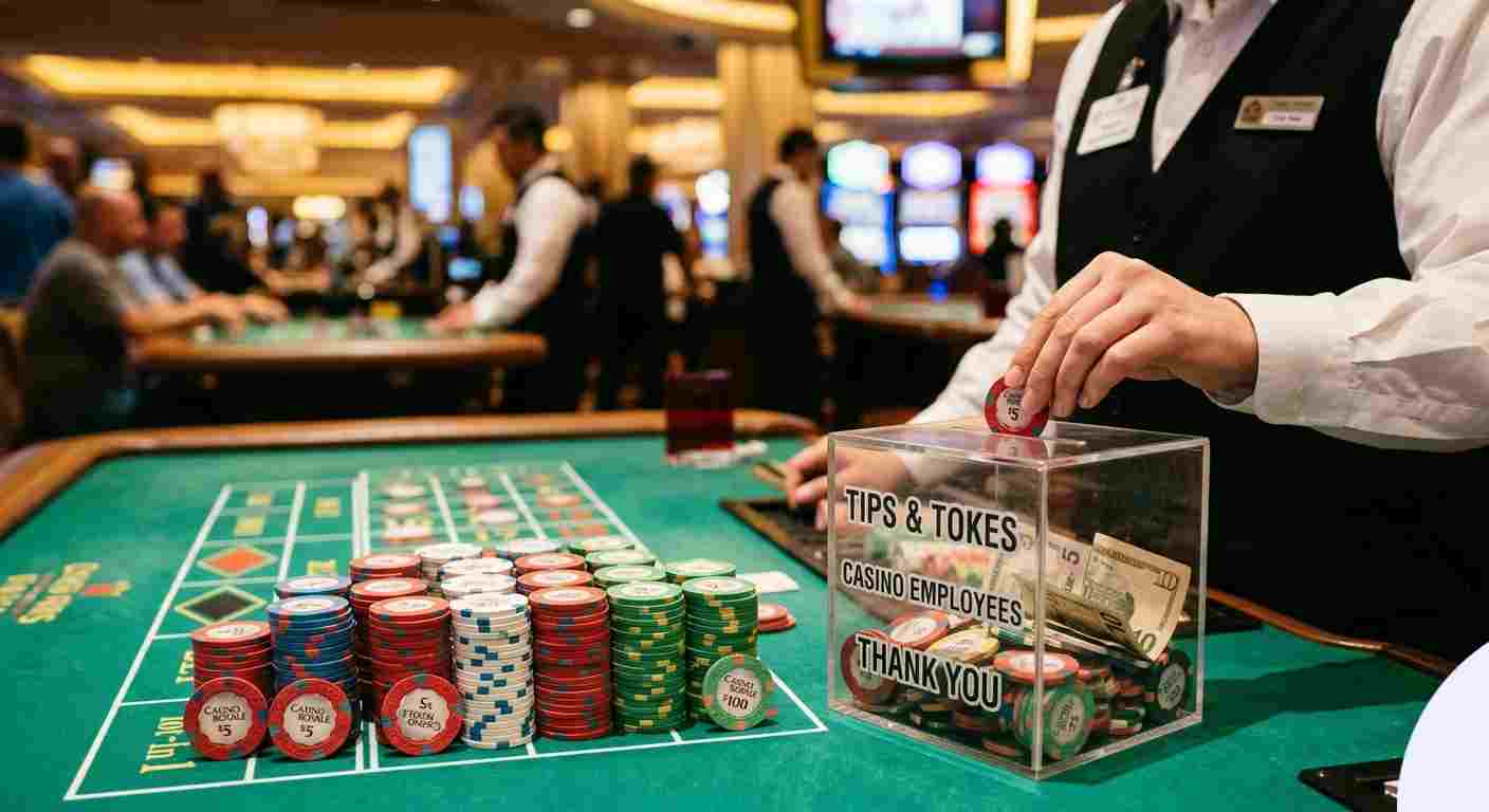 A close-up of a casino dealer's hand placing a red tip chip into a clear plastic toke box on a green felt table with stacks of chips.
