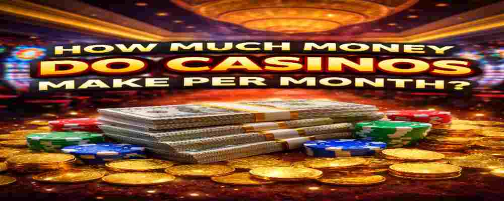 How much money do casinos make per month concept with cash stacks, poker chips, and casino background