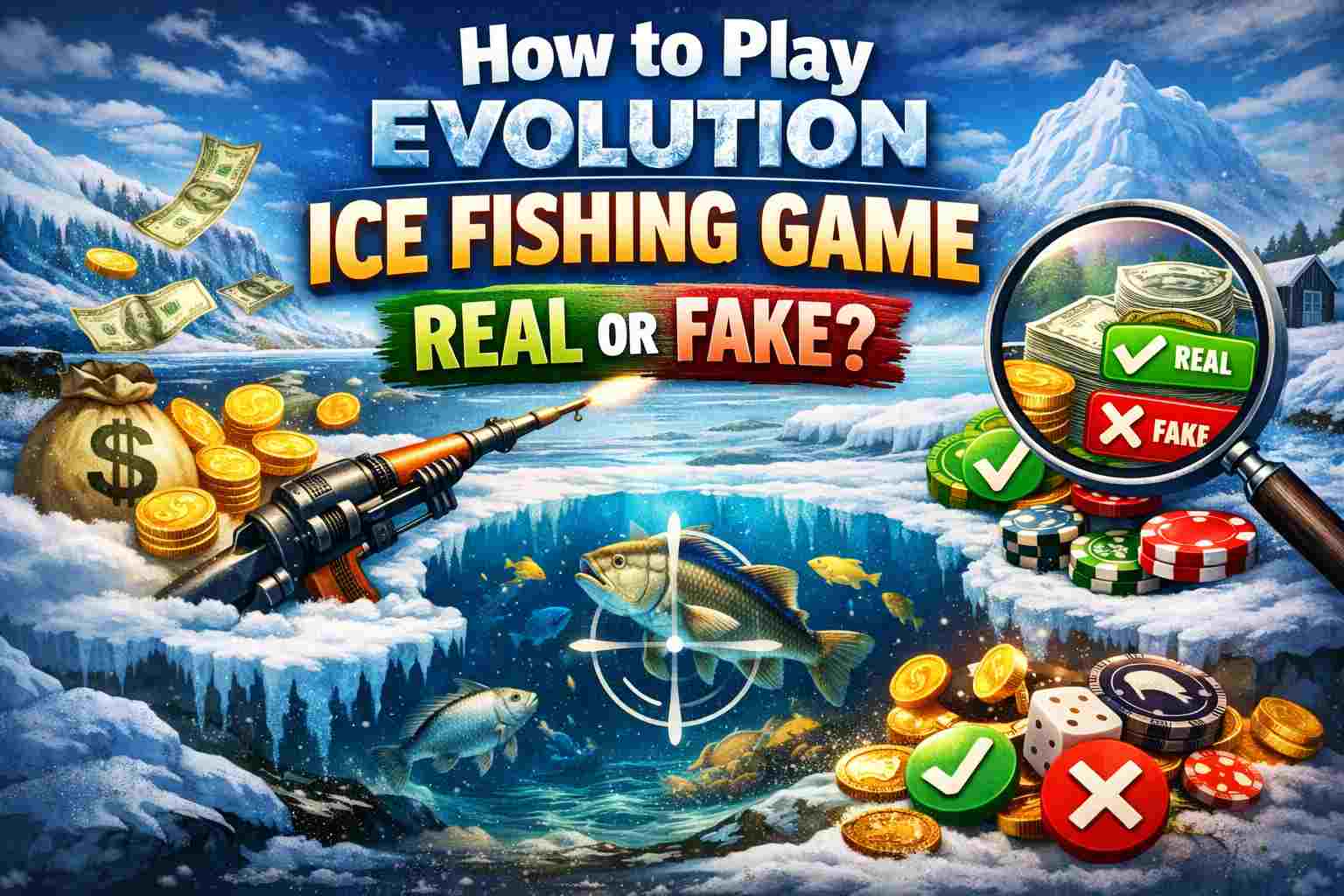 How to play Evolution Ice Fishing game real or fake guide with money and fish shooting gameplay