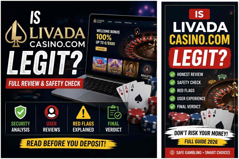 Is Livada-Casino.com legit review showing casino website, poker chips, and safety warning elements