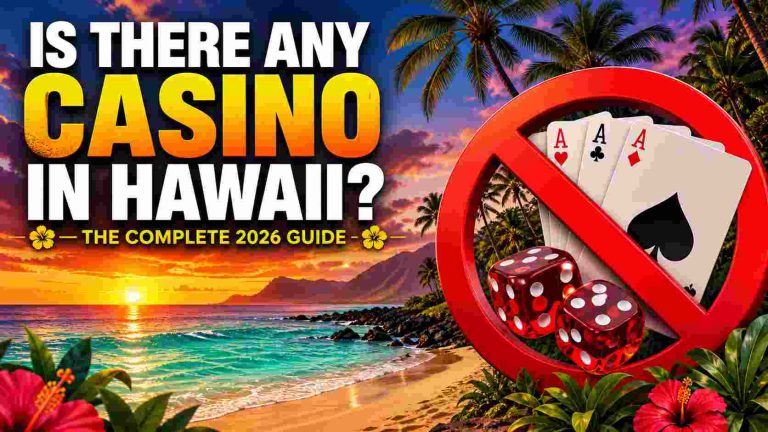 Hawaii beach sunset with no casino sign, dice and cards crossed out, tropical scene showing no gambling in Hawaii