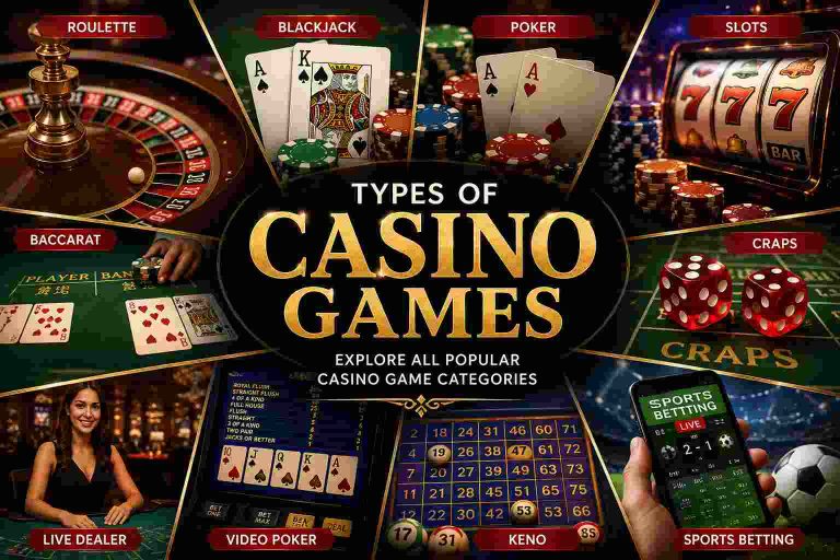 Collage showing different types of casino games including roulette, blackjack, poker, slot machines, baccarat, craps, live dealer games, video poker, keno, and sports betting.