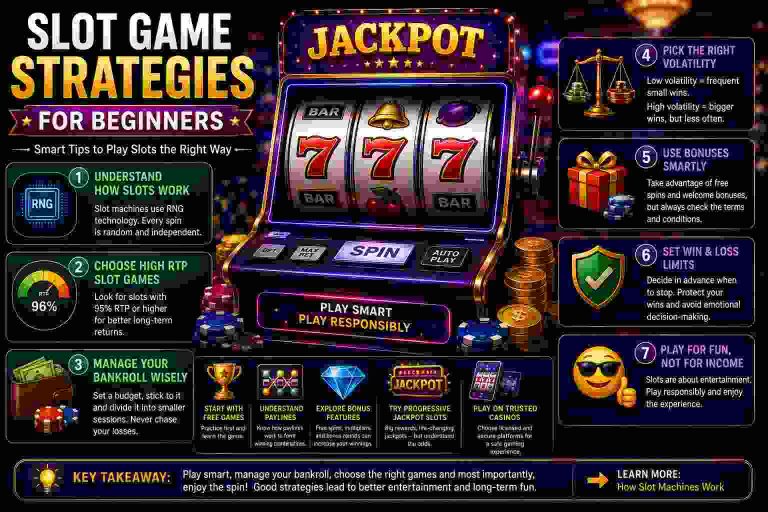 Infographic showing 7 slot game strategies for beginners, featuring a slot machine with triple sevens, tips on RNG, RTP, bankroll management, and playing responsibly.