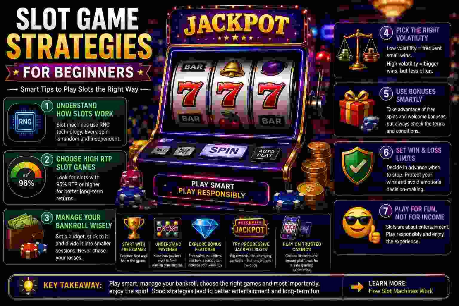 Infographic showing 7 slot game strategies for beginners, featuring a slot machine with triple sevens, tips on RNG, RTP, bankroll management, and playing responsibly.